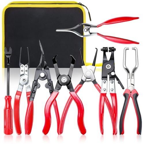 Professional Fuel Line Pliers Set Hose Clamp Pliers Electrical Disconnect Connector Release Push Pin Retainer Clip Relay Puller for Auto Fuel Oil Coolant Radiator Hoses with Bag