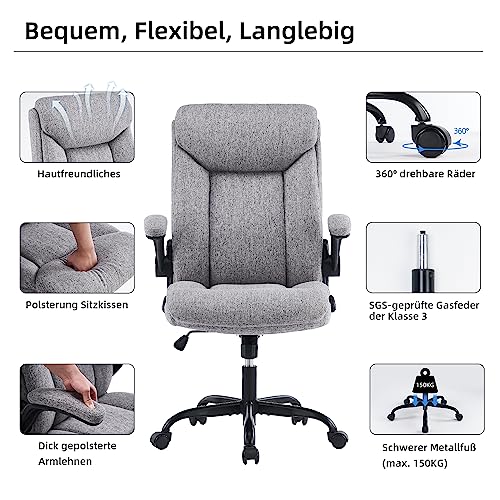 MZLEE Ergonomischer Bürostuhl Computerstuhl Schreibtischstuhl Drehbarer Arbeitsstuhl mit hochklappbarer Armlehne, höhenverstellbar, Bequem für Büro Heim Gaming (Grauer Stoff)