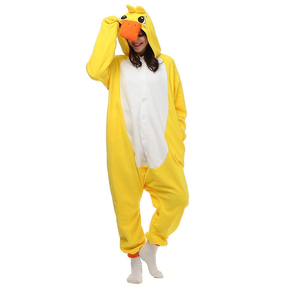 dressfan Unisex Animal Cosplay Costumes Duck Pajamas Adults Kids, Yellow, S(for Height:59 Inches-63 Inches)