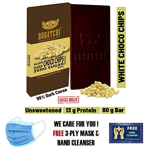 Image of BOGATCHI Premium 99% Dark Chocolate | White CHOCOCHIPS| Real Cocoa Intense Dark Chocolate, 80 gm