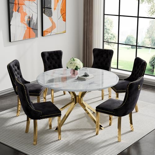 Image of 7-Piece Round Dining Table Set for 6, Luxury Faux Marble Kitchen Table Set for 6 with Black Velvet Chairs, 45 inch Circle Dining Room Tables with White Marble Top and Gold Stainless Steel Cross Legs