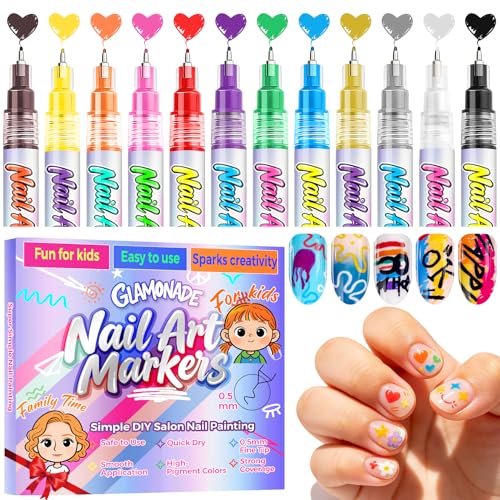 Glamonade Nail Art Markers for Kids: 0.5MM Fine Tip Nail Polish Pens for Girls Ages 6-12 NonToxic WaterBased Quick Dry Safe Manicure Gift Set for Tweens & Teens DIY Nail Art Pen Kit 12 Vibrant Colors