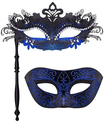 Couple Masquerade Masks Set – 2 Blue Venetian Carnival Masks With Sticks For Mardi Gras, Halloween, Costume Balls & Cosplay