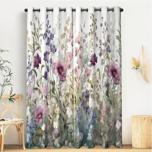 Flores Y Plantas Cortinas Opacas, Jardín Inglés Cortinas Dormitorio con Ojales Anti Luz Cortina Termica Aislantes Frio Calor Salon Curtains Blackout, Blanco,140An X 160Al Cm (2 Paneles)