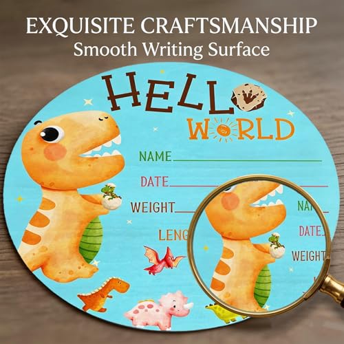 Image of Dinosaur Baby Announcement Sign, Wooden Nursery Name Decor 6in | Dinosaur Themed Wooden Name Sign for Newborn Announcement, Nursery Decor, or Baby Shower Gifts, Records Baby's Name & Stats