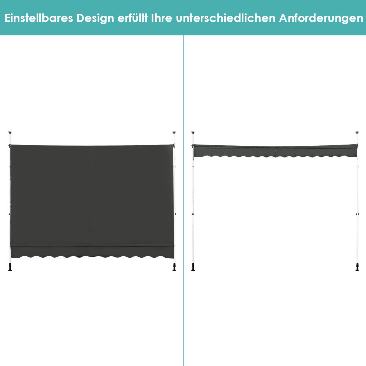 COSTWAY Klemmmarkise 300 cm breit, Balkonmarkise ohne Bohren, UV-beständig, höhenverstellbar, wasserabweisend, Markise mit Handkurbel, Sonnenmarkise, Sonnenschutz für Balkon, Grau