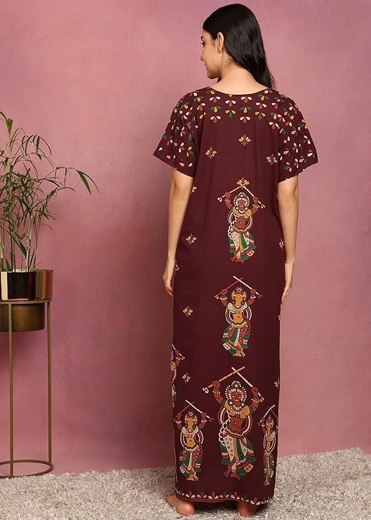Image of PITINAN Pure Cotton Embroidered Nighty for Women | Maxi Night Gown | Jaipuri Cotton Nightdress with Pocket & Adjustable Knot | Comfortable Sleepwear