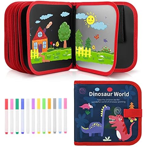 Mardiko Erasable Doodle Book, Double-Sided Kids' Drawing Writing Boards with 12 Colored Pens, Reusable Portable Drawing Pad, Toddler Toys for 2 3 4 5 6 7 8 Year Old Girls Boys, Dinosaur Cover