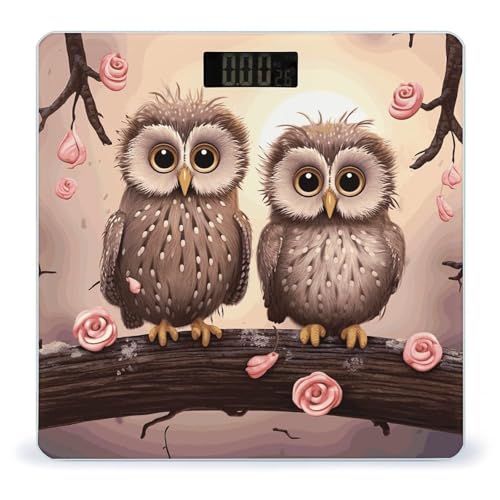 Balanza digital Cute Owls de vidrio templado para baño miniatura 1