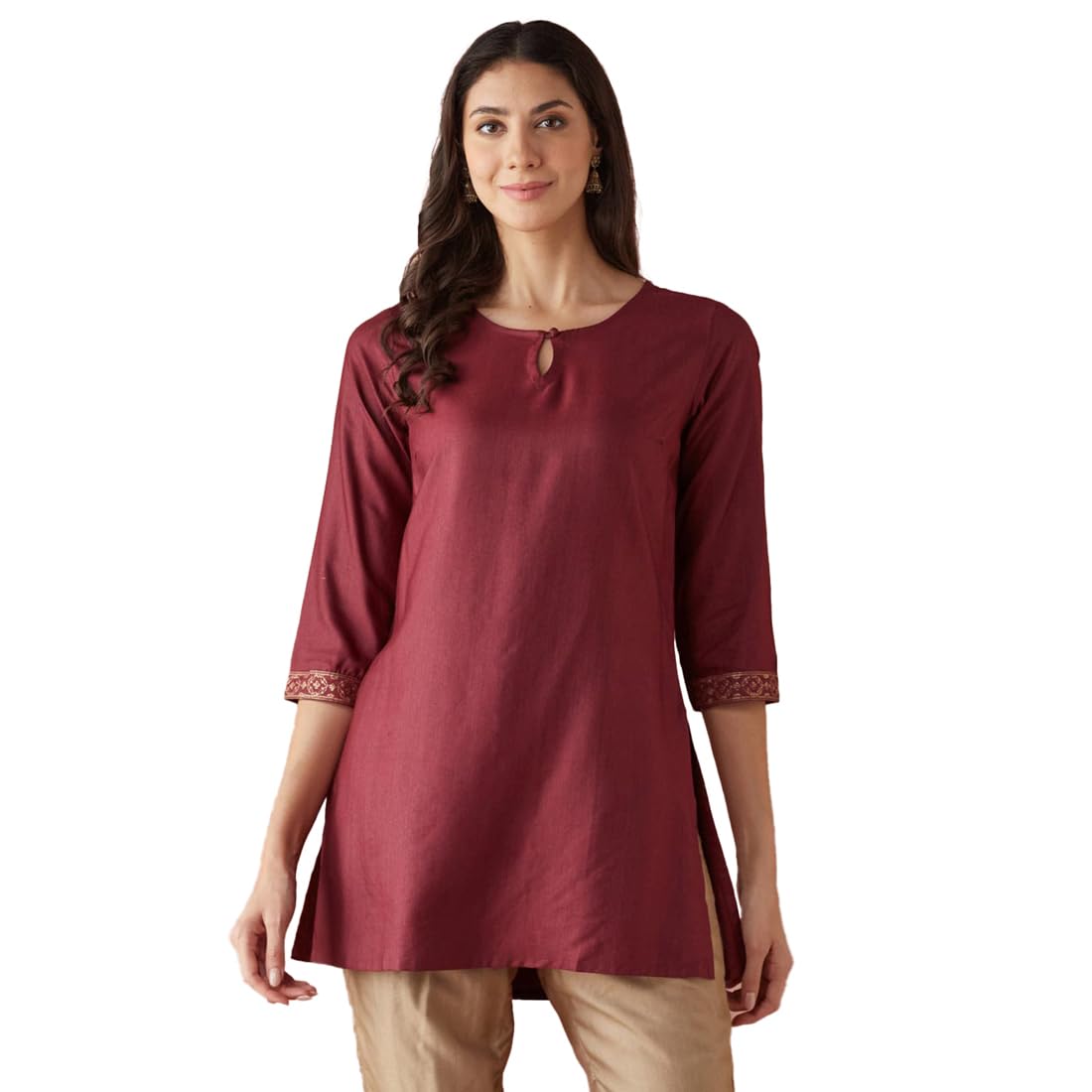 Fabindia Women's Viscose Silk Solid Slim Fit Kurta (1038239Wine_Wine