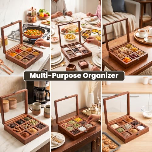 Image of Wooden Spice Box for Kitchen | Sheesham Wood Masala Dabba with 9 Containers | Spice Organizer with Glass Lid, Safety Lock & Wooden Spoon | Masala Dani /Namak Dani Storage Box for Home & Kitchen