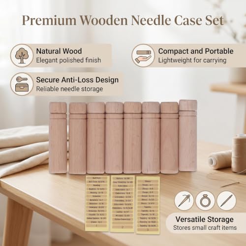 Image of GLOGLOW 8 Pcs Wooden Needle Cases, Portable Storage Box with 3 Stickers | Portable Needles Sewing Supplies Storage Organizer with Stickers for Sewing Kit Thread Pins Small Part