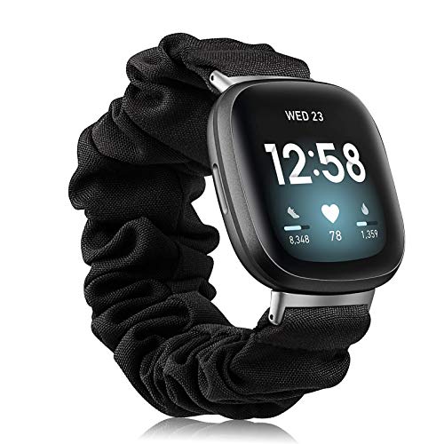 Fintie Band Compatible with Fitbit Versa 3 / Fitbit Sense, Scrunchie Bands Cloth Soft Pattern Printed Elastic Fabric Strap Replacement Bracelet Wristband Accessories, Small Size, Black