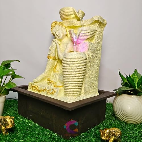 Image of Decorative Water Fountain for Home Decor, Office, Indoor & Outdoor, Garden, Puja Room, Vaastu, Reception, Spa, Gifting. (Yellow Stone Sleeping Buddha)