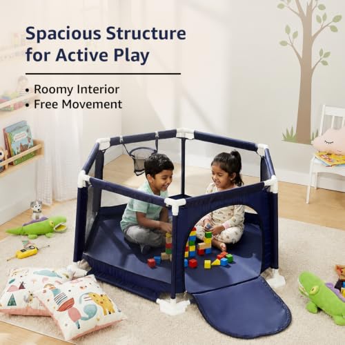Image of Amazon Brand - Jam & Honey Kids Playpen for Babies & Toddlers | Foldable Baby Ball Pool with Zipper Door & Basketball Hoop | Sturdy Portable Play Area for Kids (Blue, Octagonal)