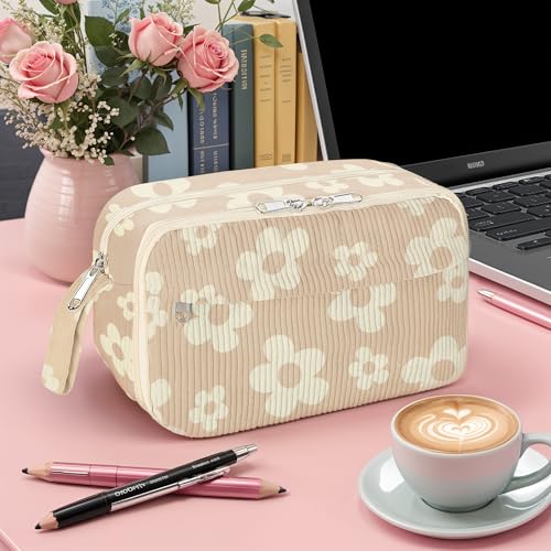 Image of WOBAGMEN Cute Pencil Case,Large Corduroy Zippered Pencil Case Pouch, aesthetic Pencil Bag with Compartments, Pencil Pouch School Supplies (HY-corduroy pc-brown floral)