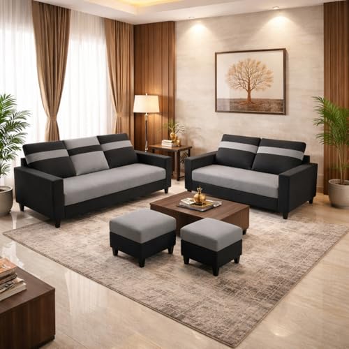 Image of CRAFTORA Heaven Dual Tone Plush Velvet 3 Seater + 2 Seater Sofa Set with 2 Ottoman | Silken Velvet Suede Upholstery | Designer Sofa for Living Room & Office Spaces (Black & Dark Grey)