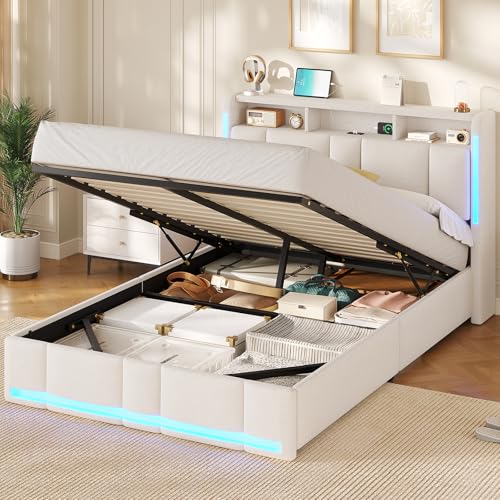 AOGLLATI Canape 140x200 con Almacenamiento Hidráulico, Camas Matrimoniales con Estación de Carga y Iluminación LED, Estructura Cama con Cabecero Tapizado, Beige(Sin Colchón)