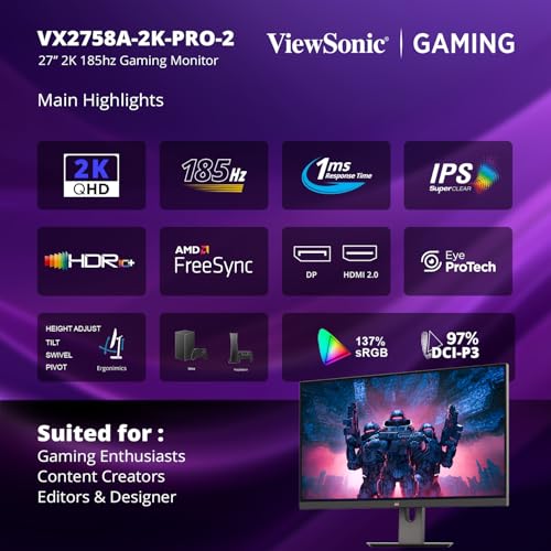 Image of ViewSonic Gaming VX2758A-2K-PRO-2 55.88 cm 27 inch | 185 Hz| IPS QHD 2K Gaming Monitor | 1ms | HDR10| FreeSync | 137% sRGB | Height Adjustment |Swivel, Tilt, Pivot | Eye Care| 2 x HDMI | DP