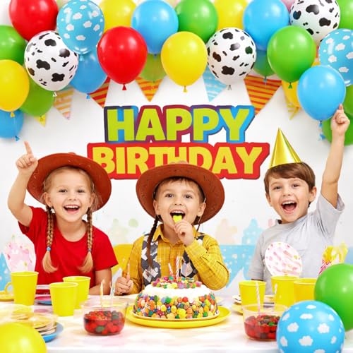 Image of Toy Inspired Story Balloons - 52pcs 12 Inch Red Blue Yellow Green Light Blue Cloud Cow Print Latex Balloons for Kids Boys Girls Inspired Birthday Story Football Farm Themed Party Decorations