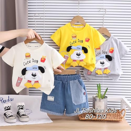 Image of Bold N Elegant Half Sleeve Pure Cotton Baby Boy Girl 3D Cartoon Smiley Animals T-Shirt with Denim Shorts Smart Casual Outfit for Infant Toddler Kids Upto 5 Years