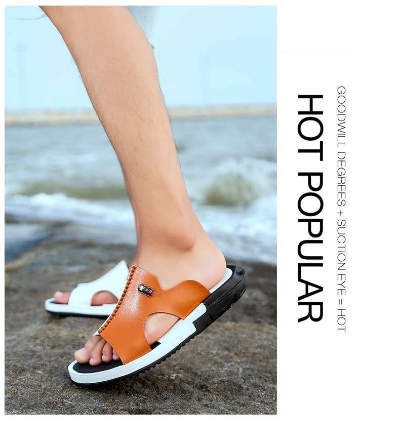 Sandals Men Slippers Peep Toe PU Flip Flops Shoes Male Outdoor Flat Beach Slides (Color : Brown, Size : 7 Code)2