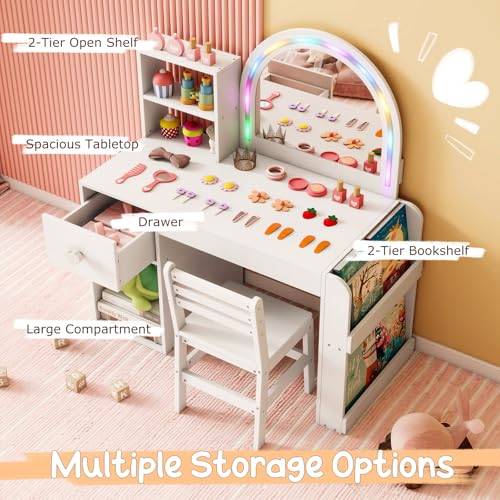 Image of Costzon Kids Vanity, Girls Vanity Set with Lighted Mirror, Bookshelf, Drawer, Storage Cabinet & Shelves, Toddler Makeup Vanity Desk Dressing Table, Wooden Kids Vanity Table and Chair Set (White)