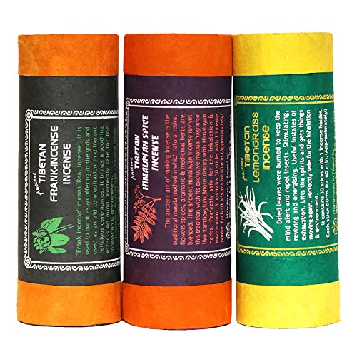 Lot de 3 paquets de 30 bâtonnets d'encens tibétain originaux faits à la main 100 % naturels et biologiques avec porte-baguettes
