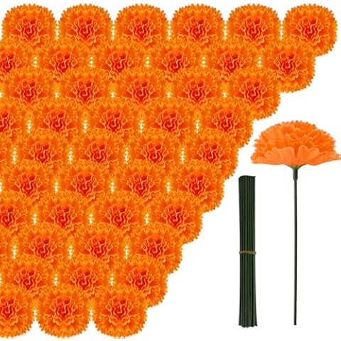 Hananona 50Pcs Artificial Marigold Flower Heads, Silk Marigold Heads Bulk Fake Flowers for Dia De Los Muertos Decor DIY Marigold Garland Day of The Dead Decorations Cover