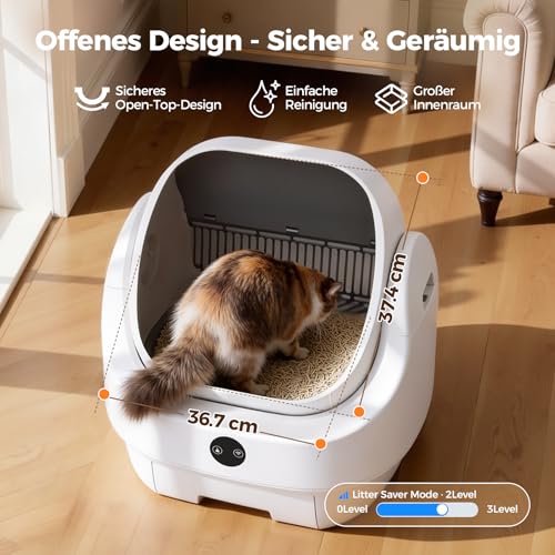 Katzenklo Selbstreinigend Offen, Ellenpent Elektrische Katzentoilette für Große Katzen mit Geruchskontrolle - App-Steuerung & Sensoren Katzenklo Automatische Reinigung