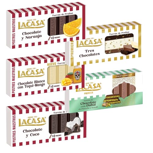 Pack Surtido 5 Turrones de Chocolate Lacasa:Blanco con Tequi Mango, Coco, Naranja, Tres Chocolates, Estilo Dubai con Pistacho y Kataifi