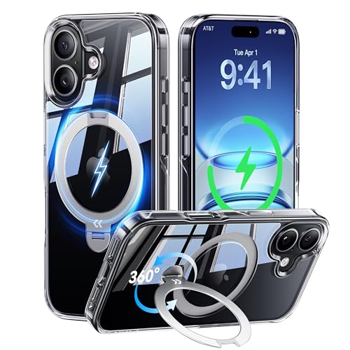【透き通る上質感・定点360°回転】CASEKOO iPhone 17 用ケース クリア 耐黄変 横縦両立 角度自在 MagSafe対応 米軍規格保護 耐衝撃 高耐久性 超強磁力 最大25W急速充電対応 感 フィット感 ラップホール付き 透明 いphone17用ケース 6.1インチ「MagicStand Pro Kori」(クリア)