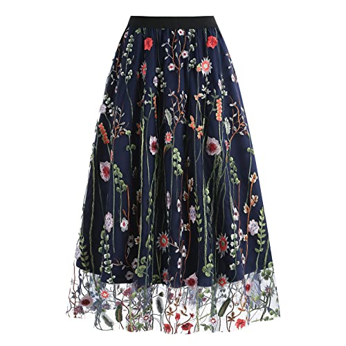 Women Vintage Floral Embroidered Tulle Midi Skirt 50s...