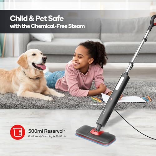 Newbealer Steam Mop, Hardwood Floor Steamer, 500ml 1200W Powerful Cleaner for Carpet Laminate and Tiles, 3 Adjustable Steam, 15s Fast Heat-up, Carpet Glider & 2 Washable Microfiber Pads, Black