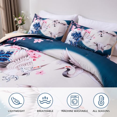 Btargot JGHUA-43 Japanese Style Comforter Set Twin Size,Cherry Blossoms Crane Printed Decor Bedding Set thumb #3