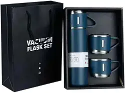 Kit Garrafa Termica Inox Isolada a Vacuo Parede Dupla Com Tampa Caneca e 2 Canecas 500ML Para Quente Gelado (Kit Azul-Marinho)