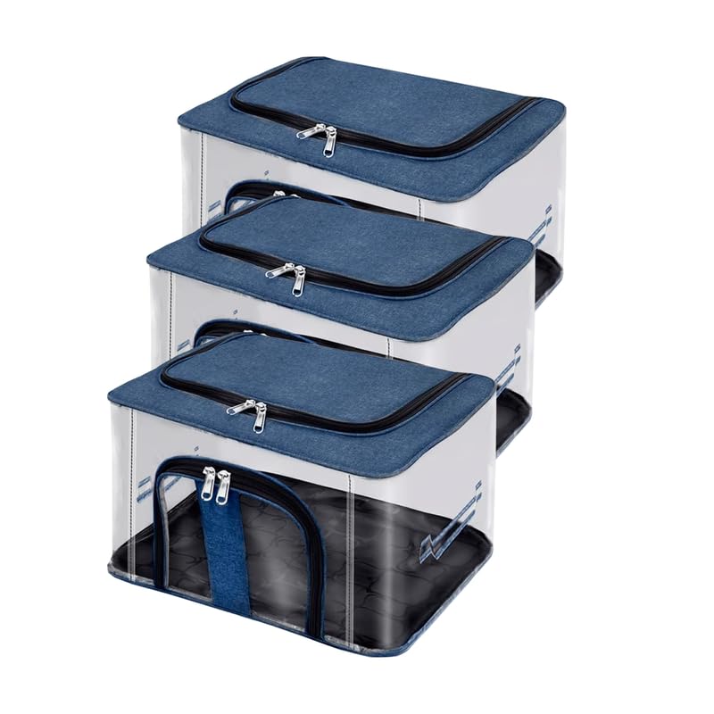 Image of Shibui Storage Bags With Cover And Double Zipper Closure For Clothing Protector Wardrobe Organiser.Navy(pack of 3)