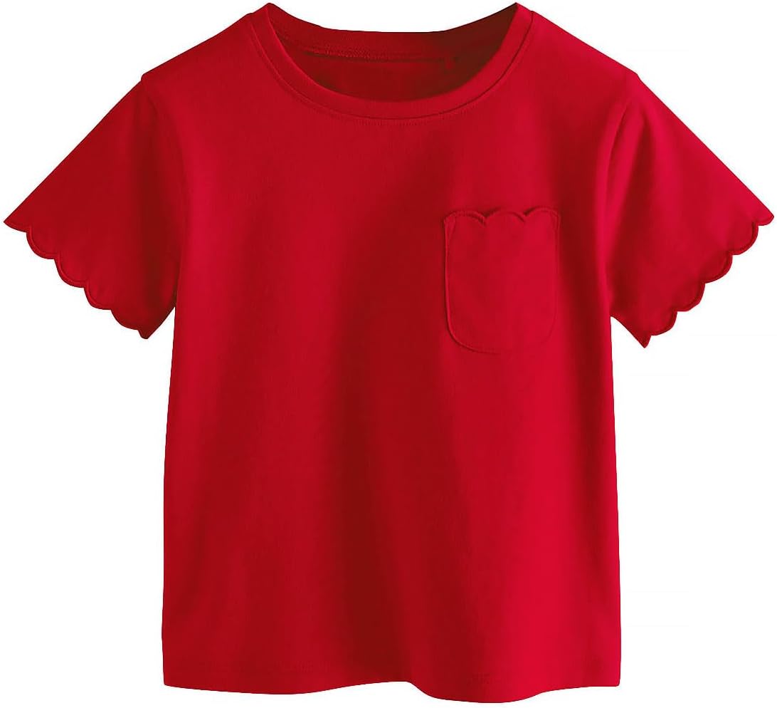 Girls Scalloped Edge T-Shirts Soft Cotton Blend Tee with Pocket 3-6 Years Kids Casual Tops Blouse