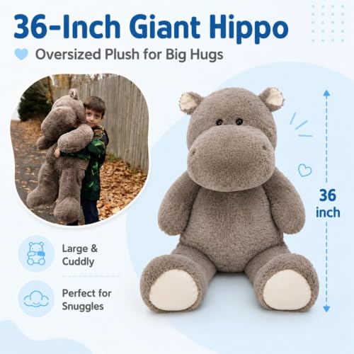 Image of BENINY 36 Inch Giant Hippo Stuffed Animal, Oversized Gray Hippo Plush Pillow, Soft Humongous Hippopotamus Toy Gift for Kids, Boys and Girls
