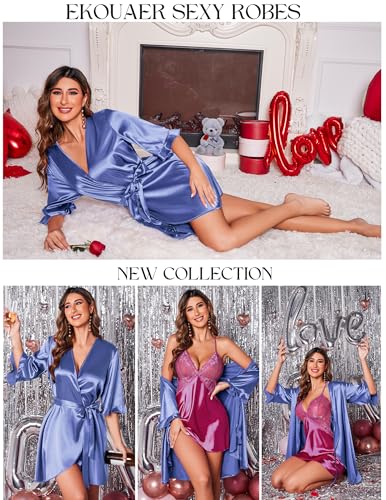 Image of Ekouaer Women's Satin Robe Valentines Lingerie for Women Kimono Bathrobe Short Ruffle Belted Robes Bridesmaids Sleepwear
