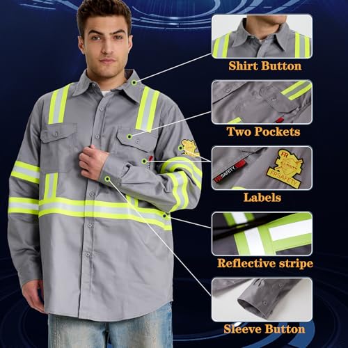 SRsafety Hi Vis FR Shirts for Men,7.0oz Long Sleeve FR Work Shirts,100% Cotton High Visibility Fire Shirt