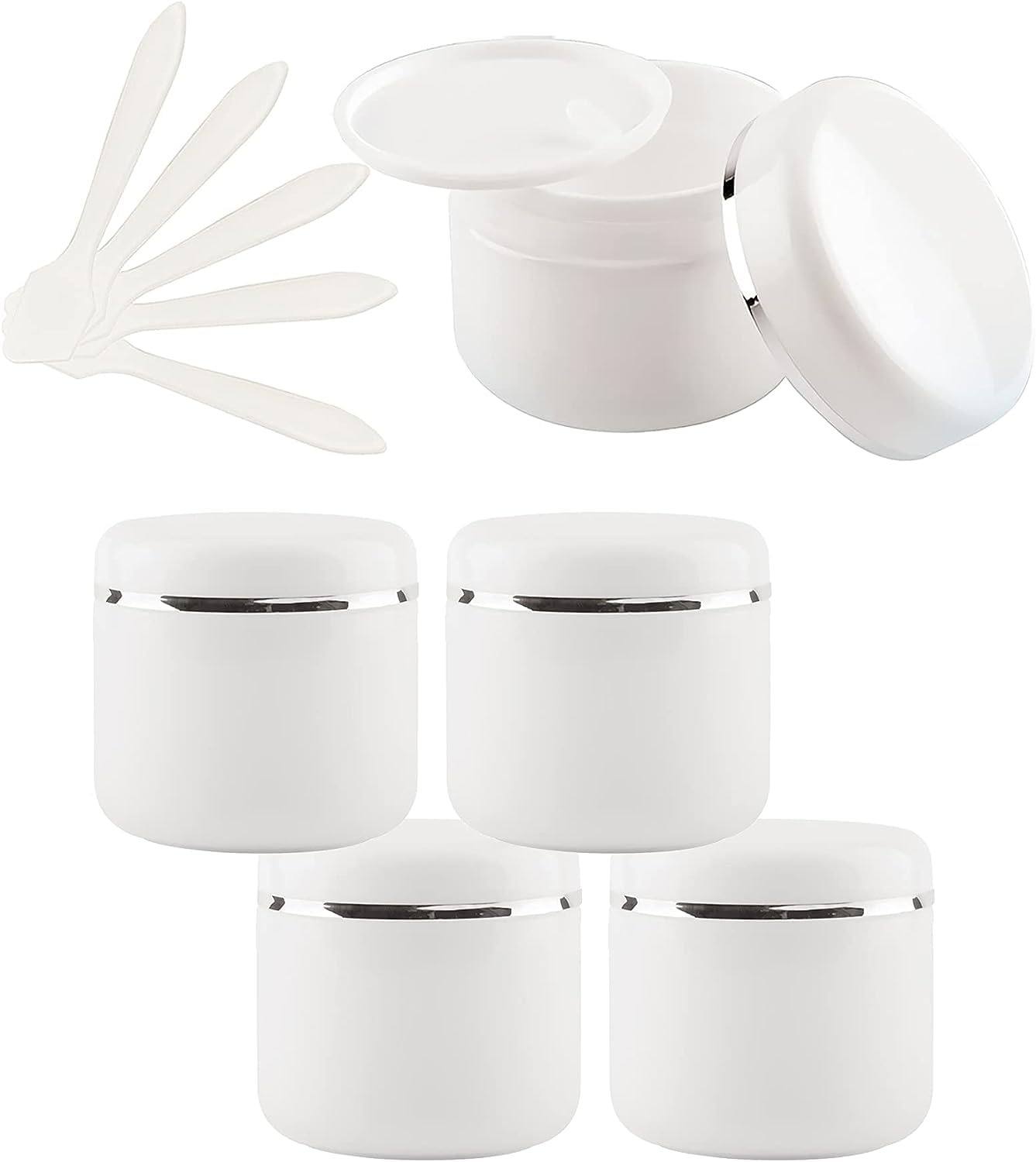 FLYIODFCXV cosmetic jar, 5 PC with Screw Lid with Silver Ribbon Small Storage Pot Containers for Homemade Salve, 5X Spatula(5.1 Ounces)