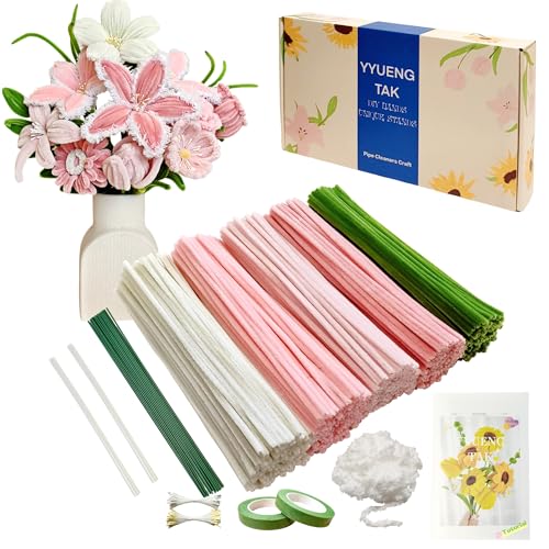 YYUENGTAK 350 Pcs Pink Pipe Cleaners Flower kit with tutoria Fluffy Yarn Green Floral Wires Gardening Tape Stamen(2 Colors)Pipe Cleaners Craft Chenille Stems for DIY Art Projects Creative Gift Decor