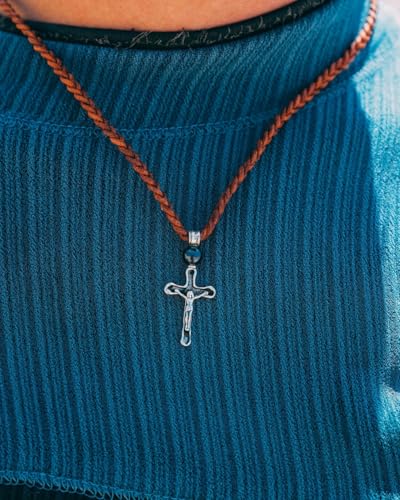 Crucifix Pendant Leather Cord Necklace for Men - 925 Sterling Silver Necklace Pendant with Premium Black Pearl, Adjustable Leather Cord - Handmade Necklaces - Jewelry Gifts by Royale Merchant3
