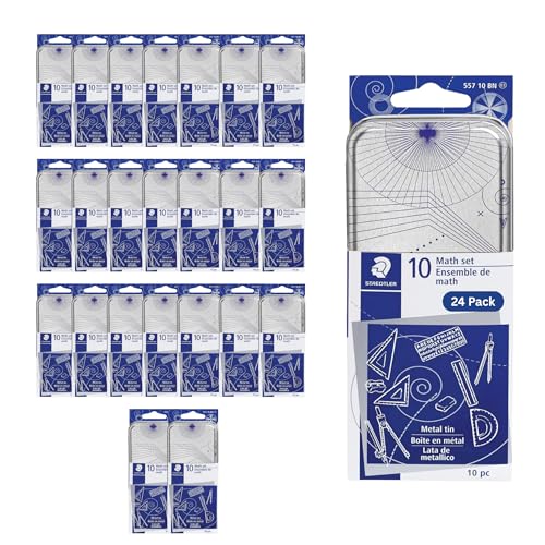 STAEDTLER 10-Piece Math Set with Metal Compass 24-Pack (24 Sets of 10 pcs), 6" Ruler &amp; Triangle Squares, 45° &amp; 30/60° Set Squares, Alphabet Stencil - Measuring Tools, 240 Count
