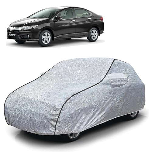 Image of Sulfar 100% Waterproof Car Body Cover Compatible with Mirror for Honda City i-VTEC (Triple Stitched, Full Bottom Elastic, Magic Silver with Black Piping)