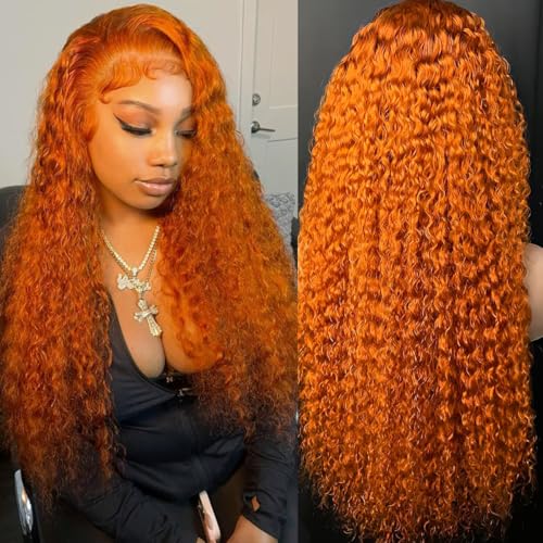 Image of LAINSS 13x6 Ginger Lace Front Wig Human Hair 350# Deep Wave Lace Front Wigs for Black Women Orange Ginger Wig Human Hair Pre Plucked with Natural Hairline 210% Density 18Inch