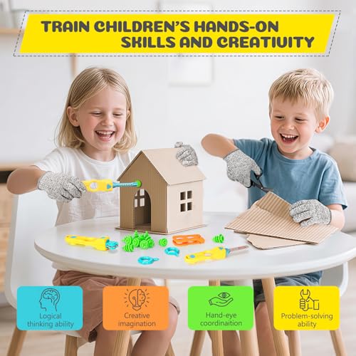 Image of Cardboard Tools for Kids, 129 PCS Cardboard Construction Kit, Kids Building Set with Safe Serrated Cutter, Crease Roller, Screws & Nuts, Creative STEM Educational Toys Gift for Boys and Girls Age 5+