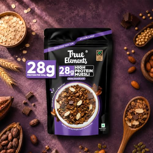 Image of True Elements High Protein Muesli Dark Chocolate 400g (Pack Of 2) Combo - 800gm | 28g Protein | Dark Chocolate | Healthy Breakfast Cereal | Rich in Nuts, Seeds & Wholegrains | No Added Preservatives