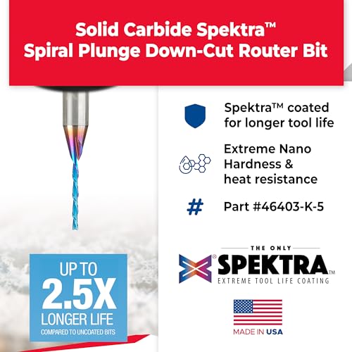 Image of Amana Tool 46403-K-5, 5-Pack SC Spektra Extreme Tool Life Coated Spiral Plunge 1 /16 Dia x 1 /2 CH x 1 /4 SHK 2 Inch Long Down-Cut Router Bits